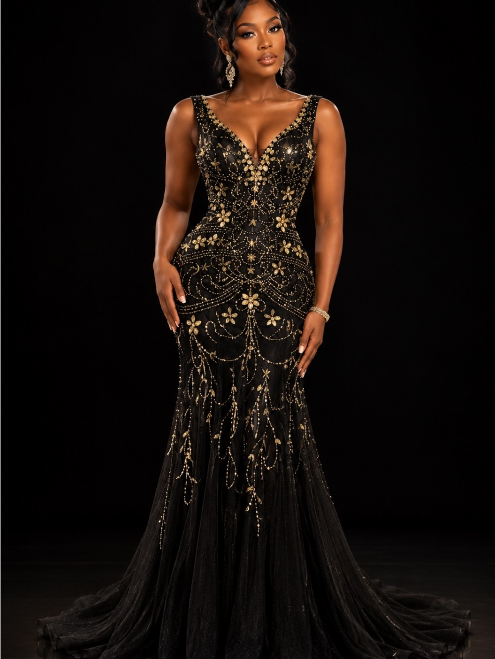 Elegant Black & Gold Embellished Evening Gown